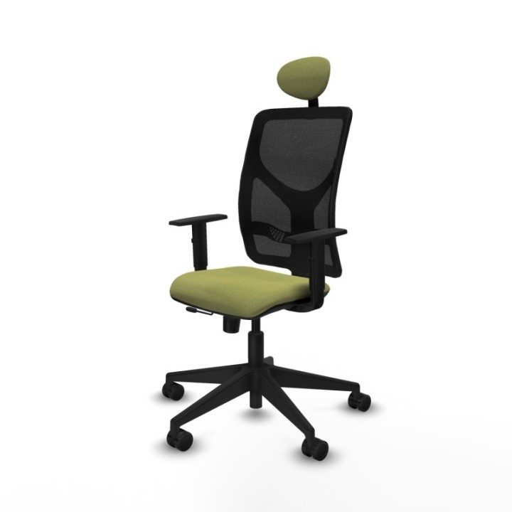 Motilla traslack malla negra bali verde oliva brazos 1D base piramidal cabecero fijo ruedas 65mm nailon