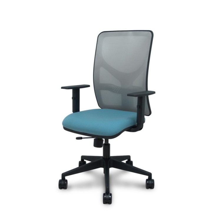 Silla Motilla traslack malla gris asiento bali azul cielo brazos 1D base piramidal ruedas 65mm
