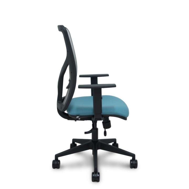 Silla Motilla traslack malla gris asiento bali azul cielo brazos 1D base piramidal ruedas 65mm