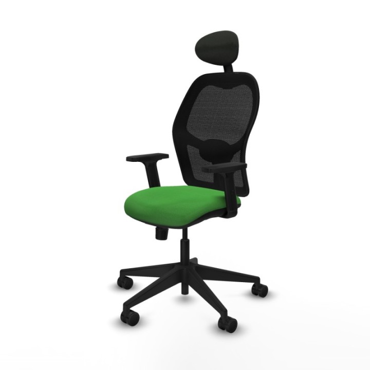 Alocén sincro malla negra bali verde brazos 2D base piramidal cabecero fijo ruedas nailon 65mm