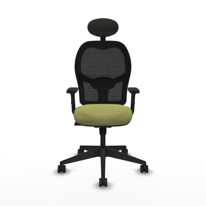 Alocén sincro malla negra bali verde oliva brazos 2D base piramidal cabecero fijo ruedas nailon 65mm