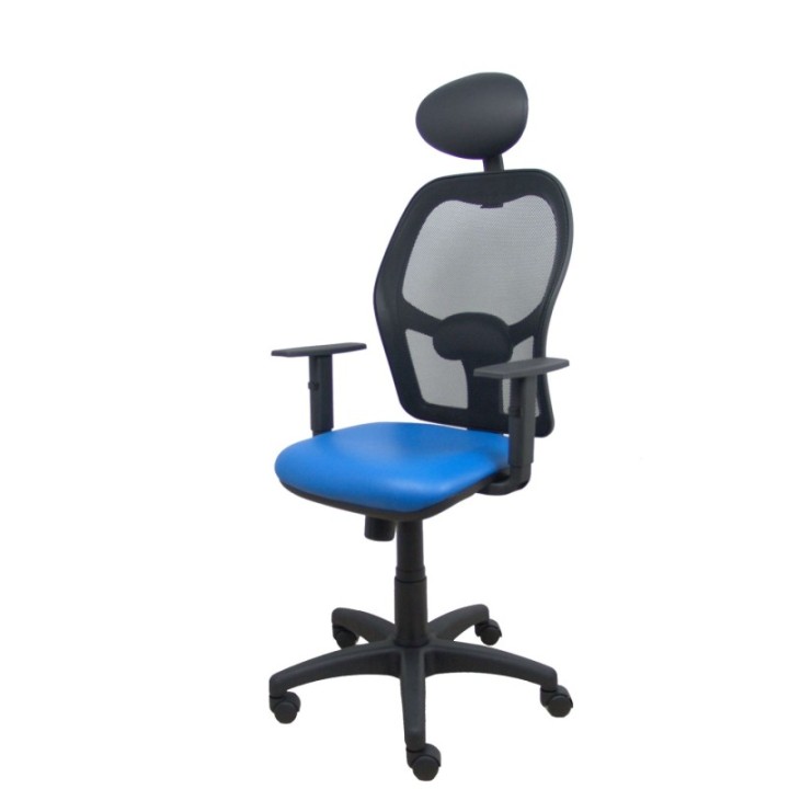Silla Alocén malla negra asiento similpiel azul brazos regulables cabecero fijo