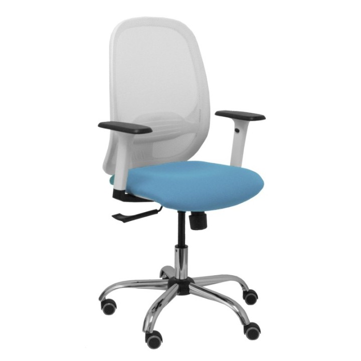 Silla Cilanco blanca malla blanca asiento bali azul cielo brazo regulable base cromada ruedas de parq ué