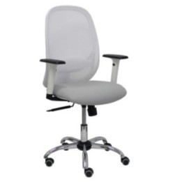 Silla Cilanco blanca malla blanca asiento bali gris claro brazo regulable base cromada ruedas parqué