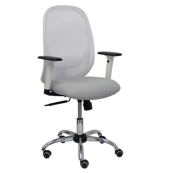 Silla Cilanco blanca malla blanca asiento bali gris claro brazo regulable base cromada ruedas parqué