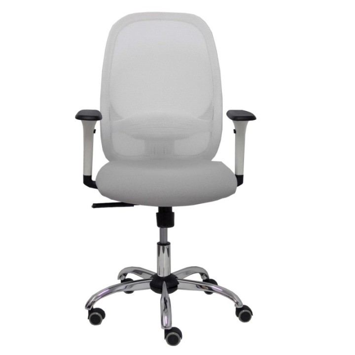Silla Cilanco blanca malla blanca asiento bali gris claro brazo regulable base cromada ruedas parqué