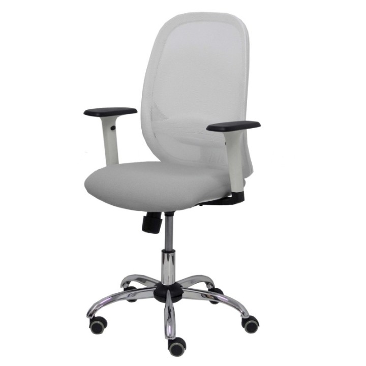Silla Cilanco blanca malla blanca asiento bali gris claro brazo regulable base cromada ruedas parqué