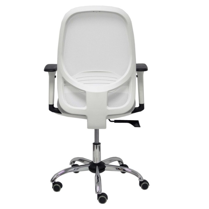 Silla Cilanco blanca malla blanca asiento bali gris claro brazo regulable base cromada ruedas parqué