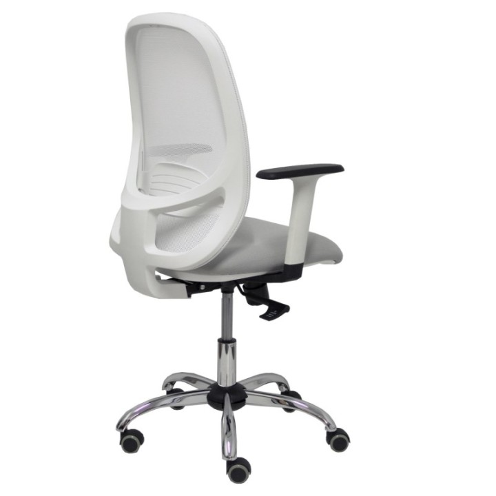 Silla Cilanco blanca malla blanca asiento bali gris claro brazo regulable base cromada ruedas parqué