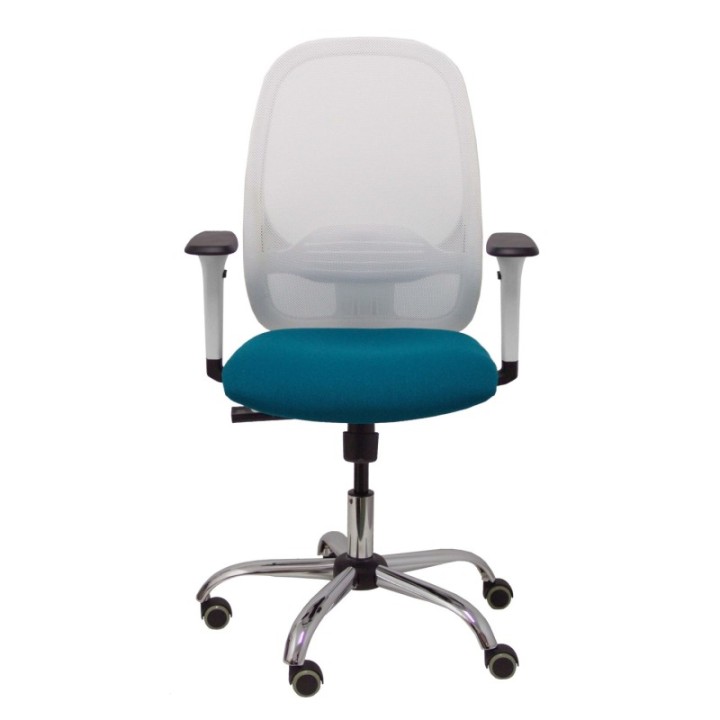 Silla Cilanco blanca malla blanca asiento bali verde petróleo brazo regulable base cromada ruedas de parqué