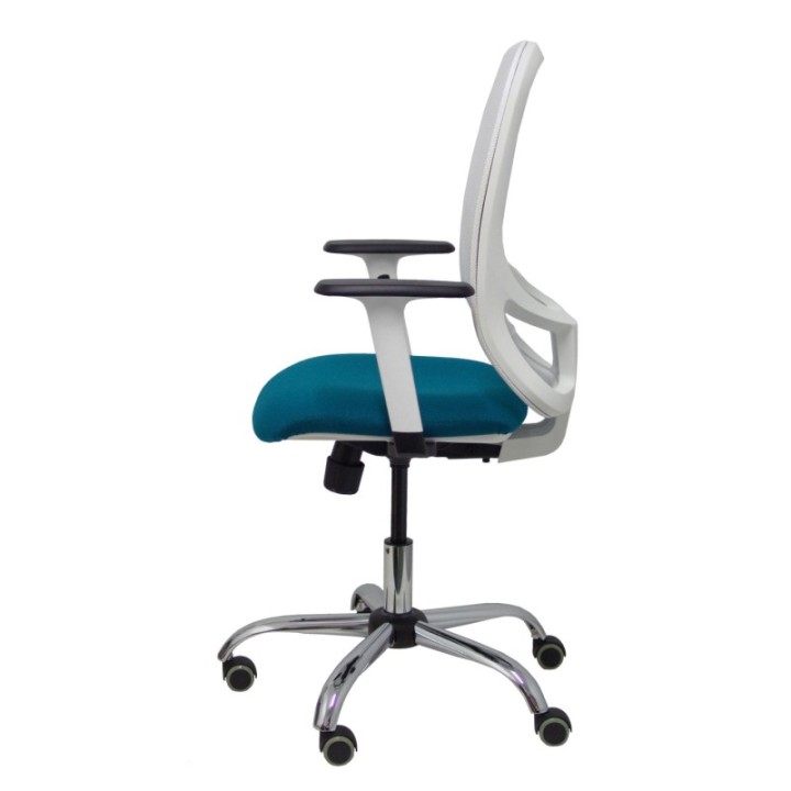 Silla Cilanco blanca malla blanca asiento bali verde petróleo brazo regulable base cromada ruedas de parqué