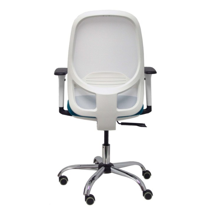 Silla Cilanco blanca malla blanca asiento bali verde petróleo brazo regulable base cromada ruedas de parqué
