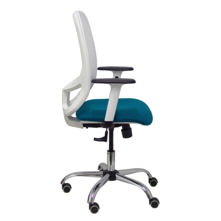 Silla Cilanco blanca malla blanca asiento bali verde petróleo brazo regulable base cromada ruedas de parqué