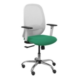 Silla Cilanco blanca malla blanca asiento bali verde esmeralda brazo regulable base cromada ruedas de parqué