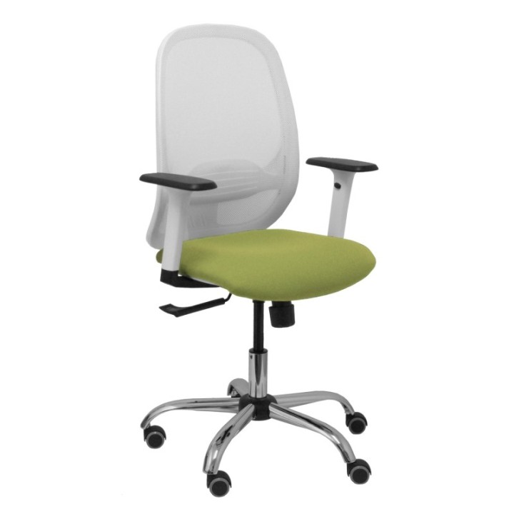 Silla Cilanco blanca malla blanca asiento bali verde oliva brazo regulable base cromada ruedas de parqué