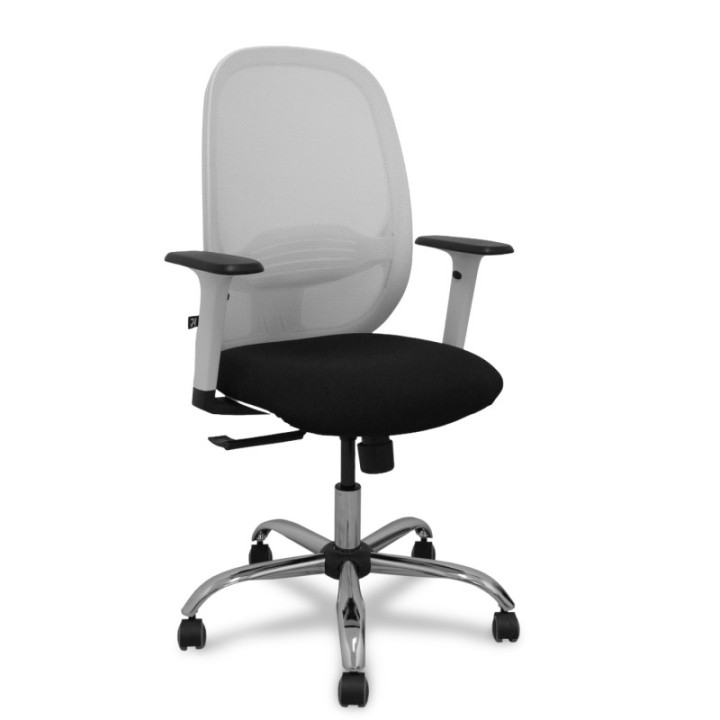 Silla Cilanco blanca malla blanca asiento bali negro brazo regulable base cromada ruedas de parqué