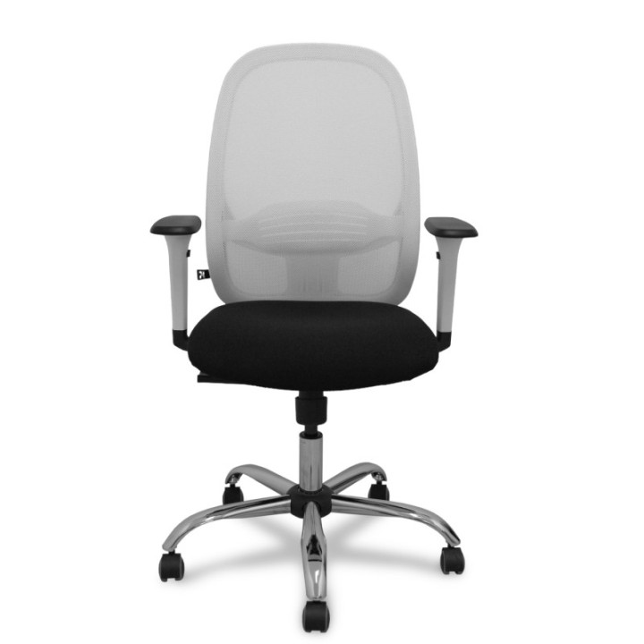 Silla Cilanco blanca malla blanca asiento bali negro brazo regulable base cromada ruedas de parqué