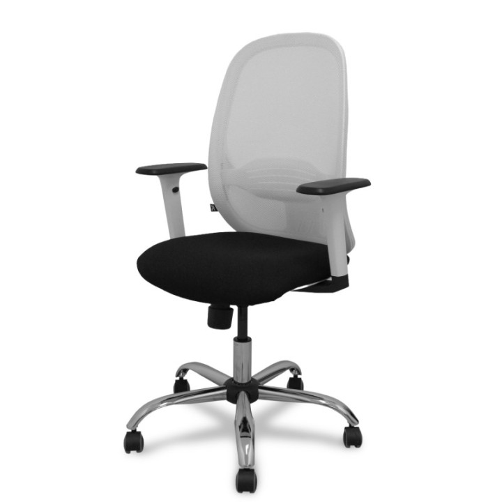 Silla Cilanco blanca malla blanca asiento bali negro brazo regulable base cromada ruedas de parqué