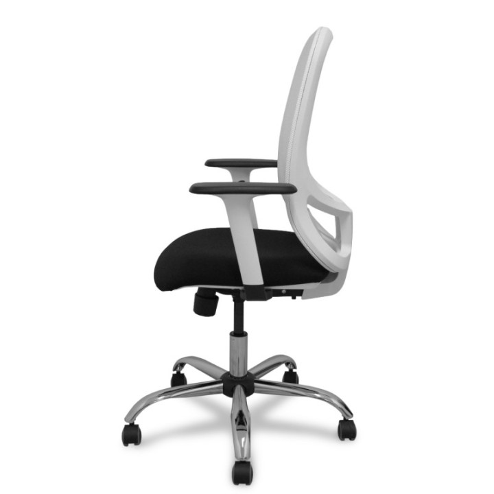 Silla Cilanco blanca malla blanca asiento bali negro brazo regulable base cromada ruedas de parqué