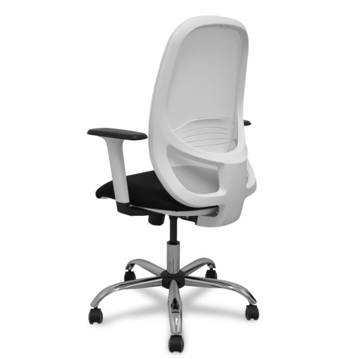 Silla Cilanco blanca malla blanca asiento bali negro brazo regulable base cromada ruedas de parqué