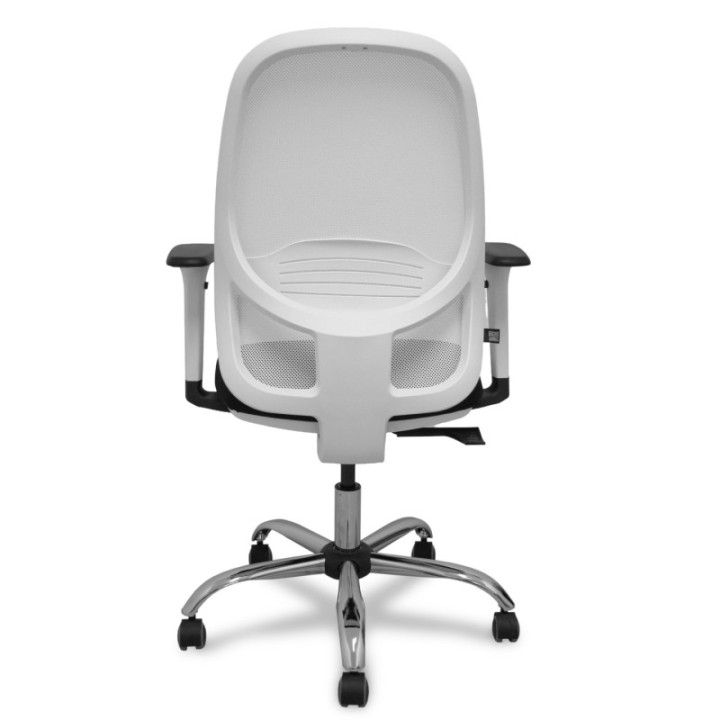Silla Cilanco blanca malla blanca asiento bali negro brazo regulable base cromada ruedas de parqué