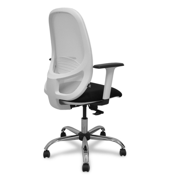 Silla Cilanco blanca malla blanca asiento bali negro brazo regulable base cromada ruedas de parqué