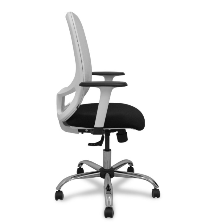 Silla Cilanco blanca malla blanca asiento bali negro brazo regulable base cromada ruedas de parqué