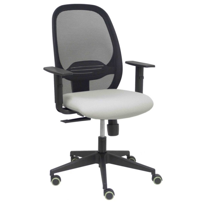 Silla Cilanco negra malla negra asiento bali gris claro brazo regulable.