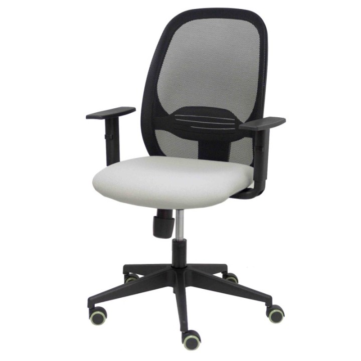 Silla Cilanco negra malla negra asiento bali gris claro brazo regulable.