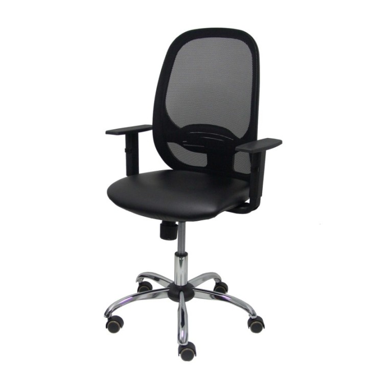 Silla Cilanco negra malla negra asiento similpiel negro brazo regulable base cromada