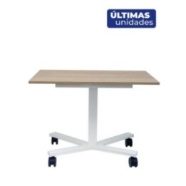 Mesa Griego regulable color roble, estructura blanca y ruedas.