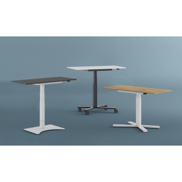 Mesa Griego regulable color roble, estructura blanca y ruedas.