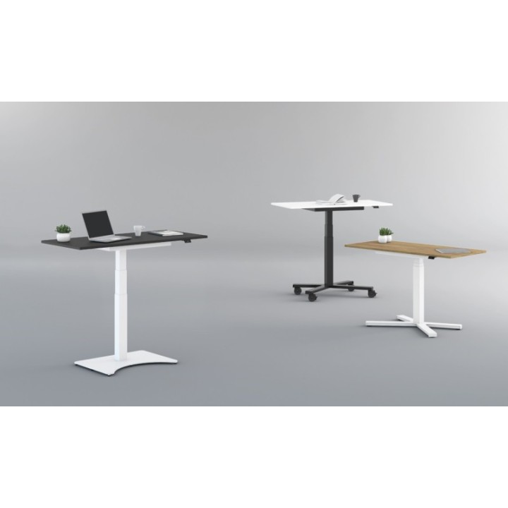 Mesa Griego regulable color roble, estructura blanca y ruedas.