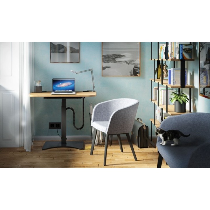 Mesa Griego regulable color roble, estructura blanca y ruedas.