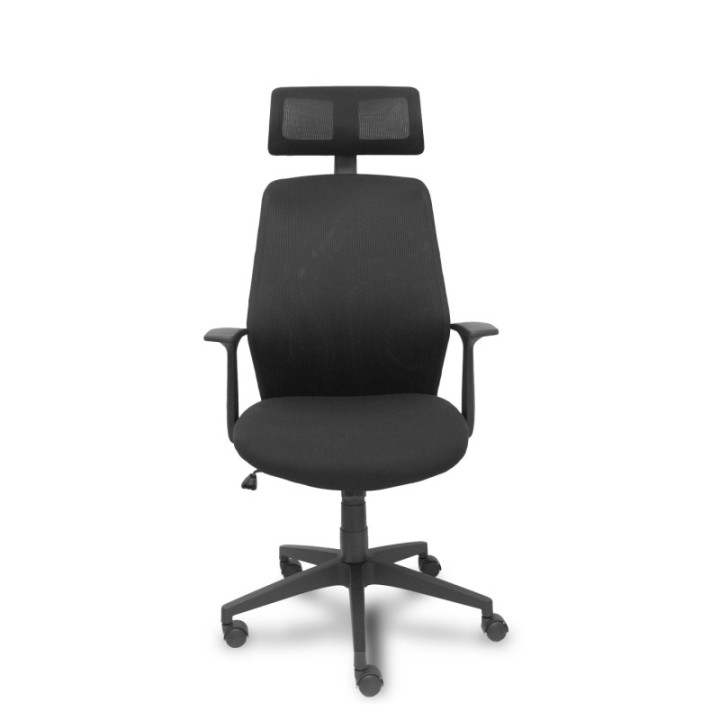 Silla Parolis respaldo malla negro con cabecero y asiento aran negro