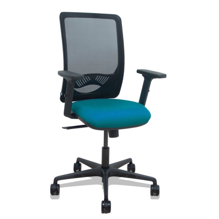 Silla Zulema sincro malla negra asiento bali verde petróleo brazos 2D ruedas 65mm