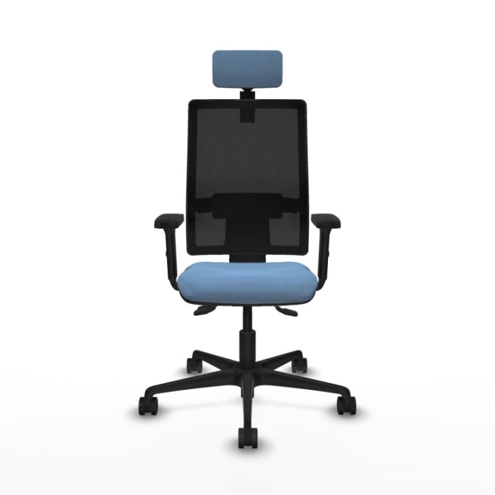 Silla Bormate asincro malla negra asiento bali azul cielo brazos 2D ruedas 65mm cabecero regulable