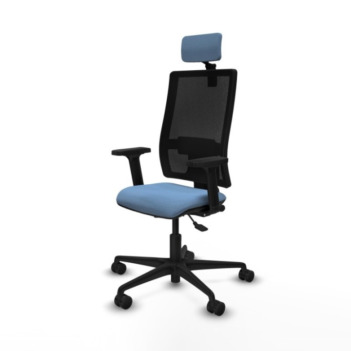 Silla Bormate asincro malla negra asiento bali azul cielo brazos 2D ruedas 65mm cabecero regulable
