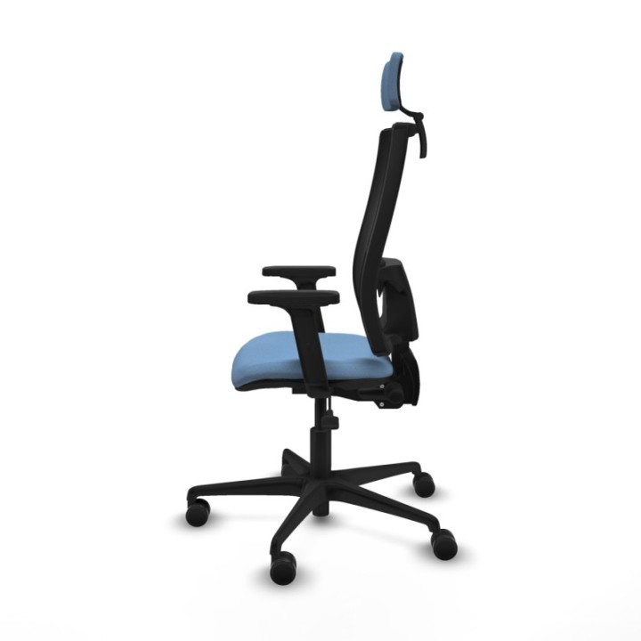 Silla Bormate asincro malla negra asiento bali azul cielo brazos 2D ruedas 65mm cabecero regulable