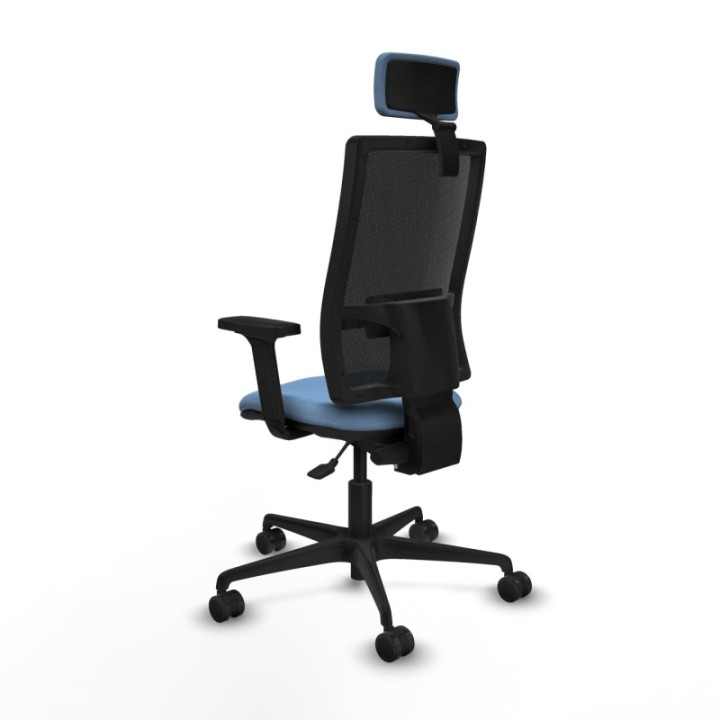 Silla Bormate asincro malla negra asiento bali azul cielo brazos 2D ruedas 65mm cabecero regulable