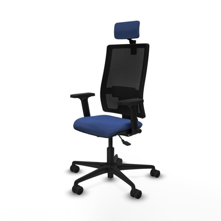 Silla Bormate asincro malla negra asiento bali azul marino brazos 2D ruedas 65mm cabecero regulable