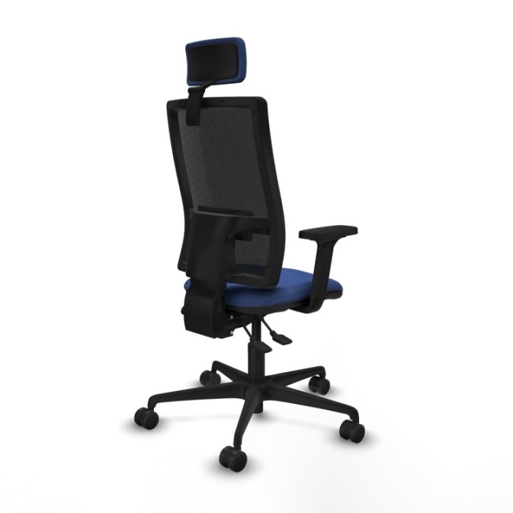 Silla Bormate asincro malla negra asiento bali azul marino brazos 2D ruedas 65mm cabecero regulable