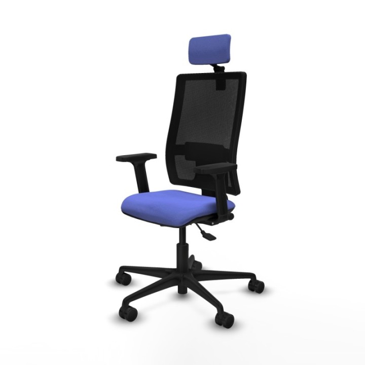 Silla Bormate asincro malla negra asiento bali azul claro brazos 2D ruedas 65mm cabecero regulable