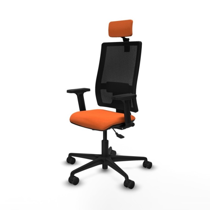 Silla Bormate asincro malla negra asiento bali naranja brazos 2D ruedas 65mm cabecero regulable