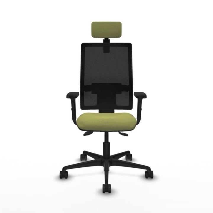 Silla Bormate asincro malla negra asiento bali verde oliva brazos 2D ruedas 65mm cabecero regulable