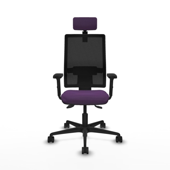 Silla Bormate asincro malla negra asiento bali morado brazos 2D ruedas 65mm cabecero regulable