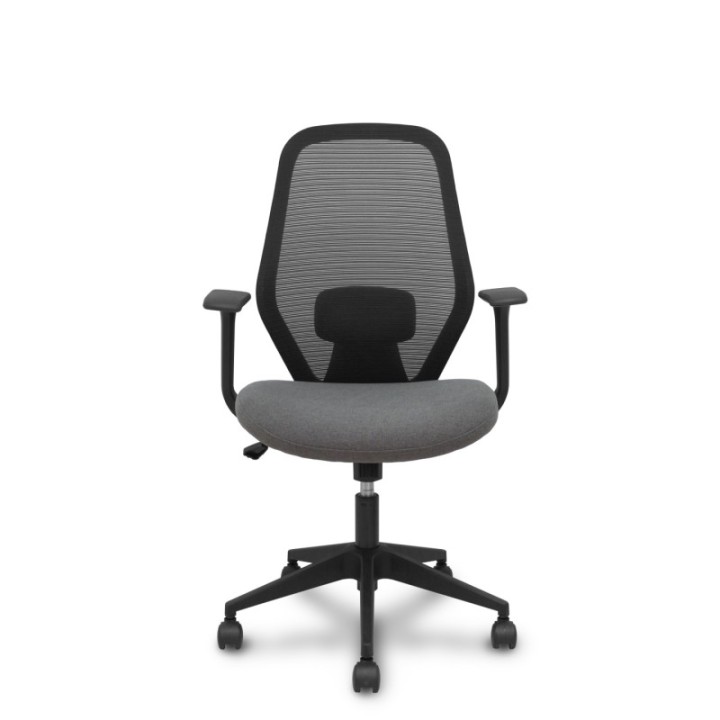 Silla Ergo529 respaldo malla negro asiento tela gris base piramidal ruedas nailon