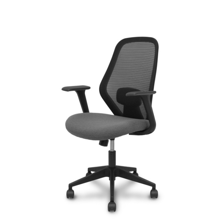 Silla Ergo529 respaldo malla negro asiento tela gris base piramidal ruedas nailon