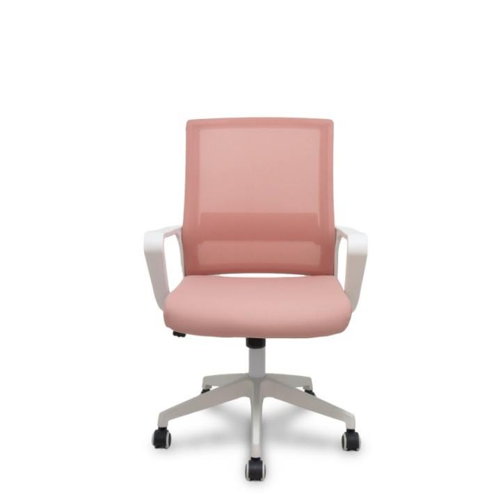 Silla Ergo535 blanca basculante respaldo malla rosa asiento tela rosa ruedas nailon