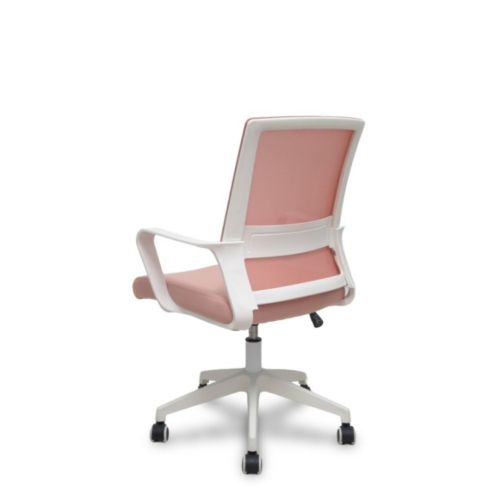 Silla Ergo535 blanca basculante respaldo malla rosa asiento tela rosa ruedas nailon